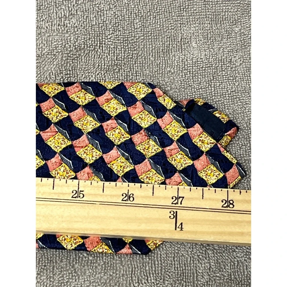 Ermenegildo Zegna Silk Tie Navy Blue Coral Yellow Geometric Disegno‎ Esclusivo